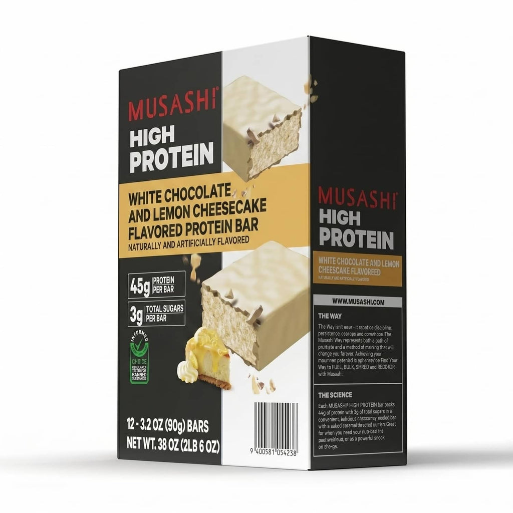 White chocolate and lemon cheesecake flavored protein bar box with opened end panel