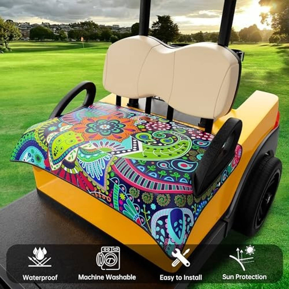Colorful mandala golf cart seat cover blanket on a front bench with black trim.