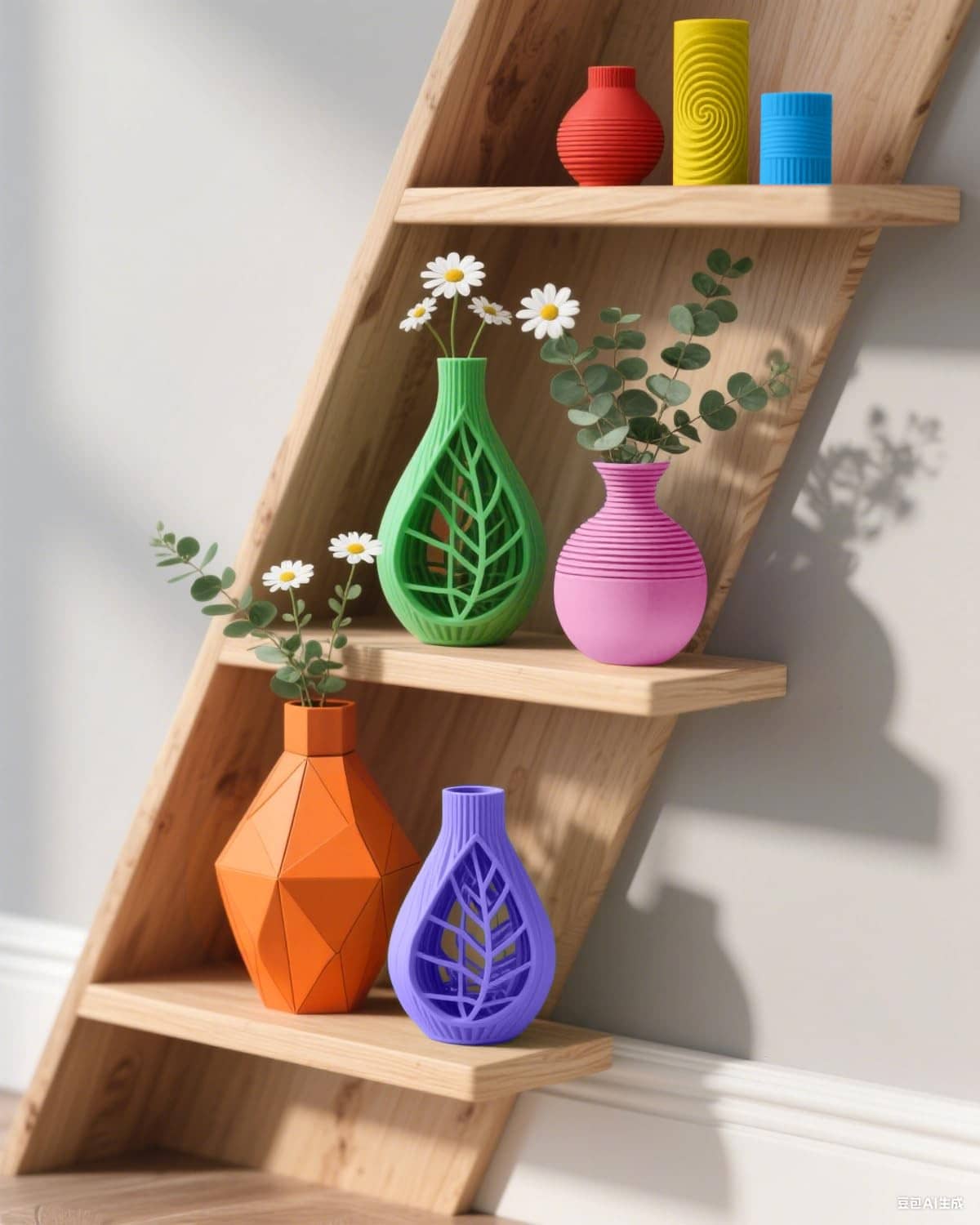 Printed decorative vases in green, purple, pink, and orange on wooden shelves