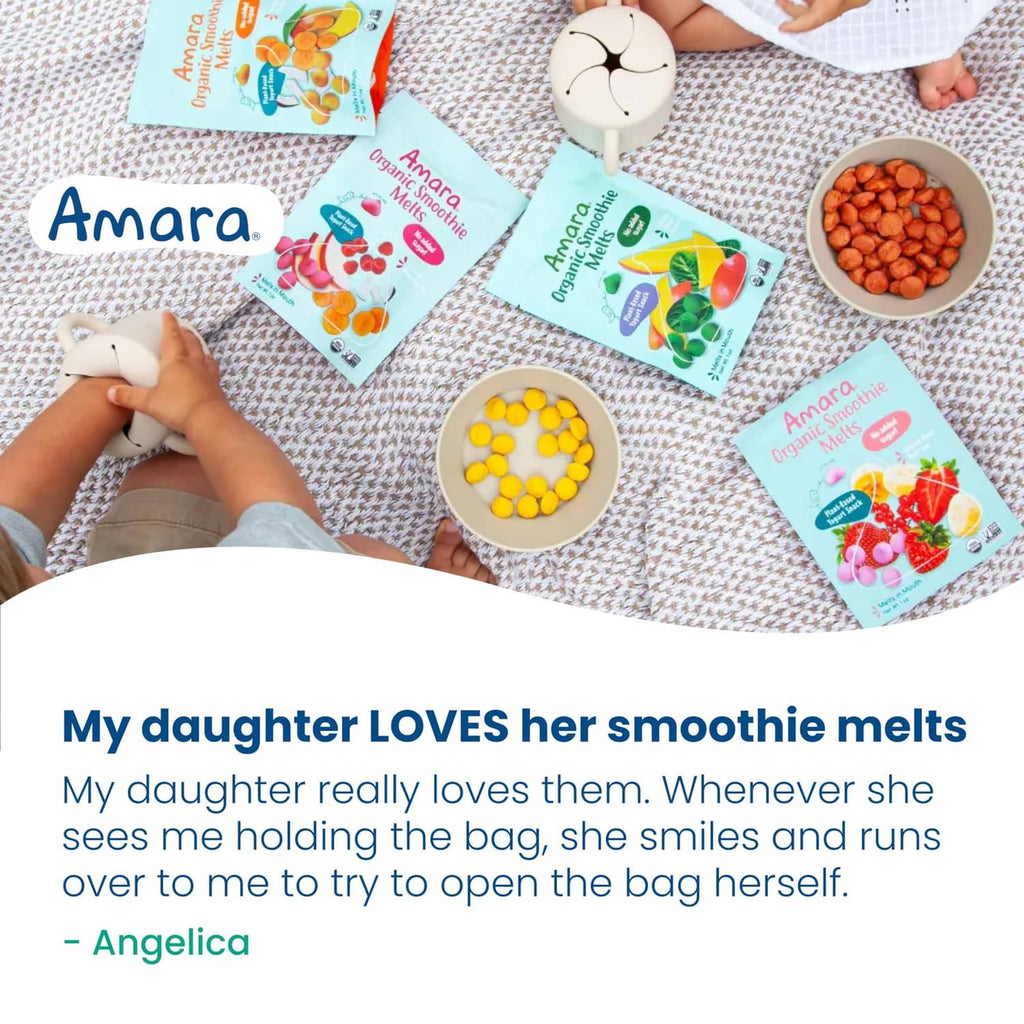Organic smoothie melts pouches and serving bowls on a play mat for kids.