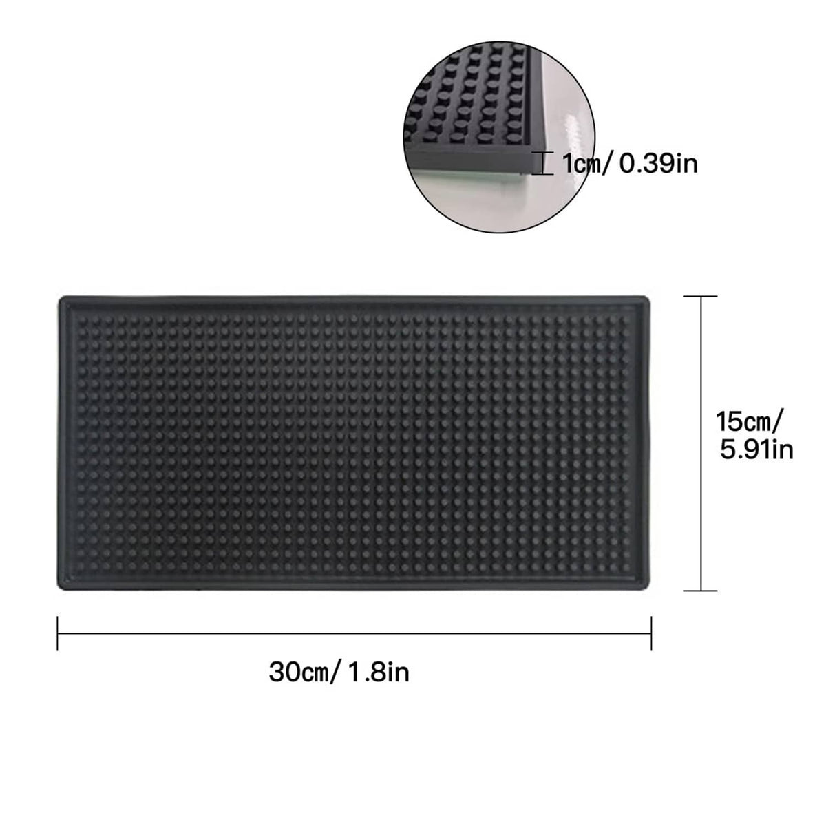 Black rubber bar mat, rectangular design with raised dot grip texture