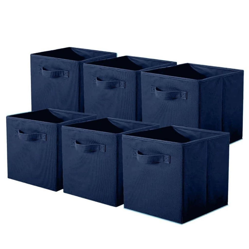 Set of 6 dark blue fabric storage cubes with front side handles