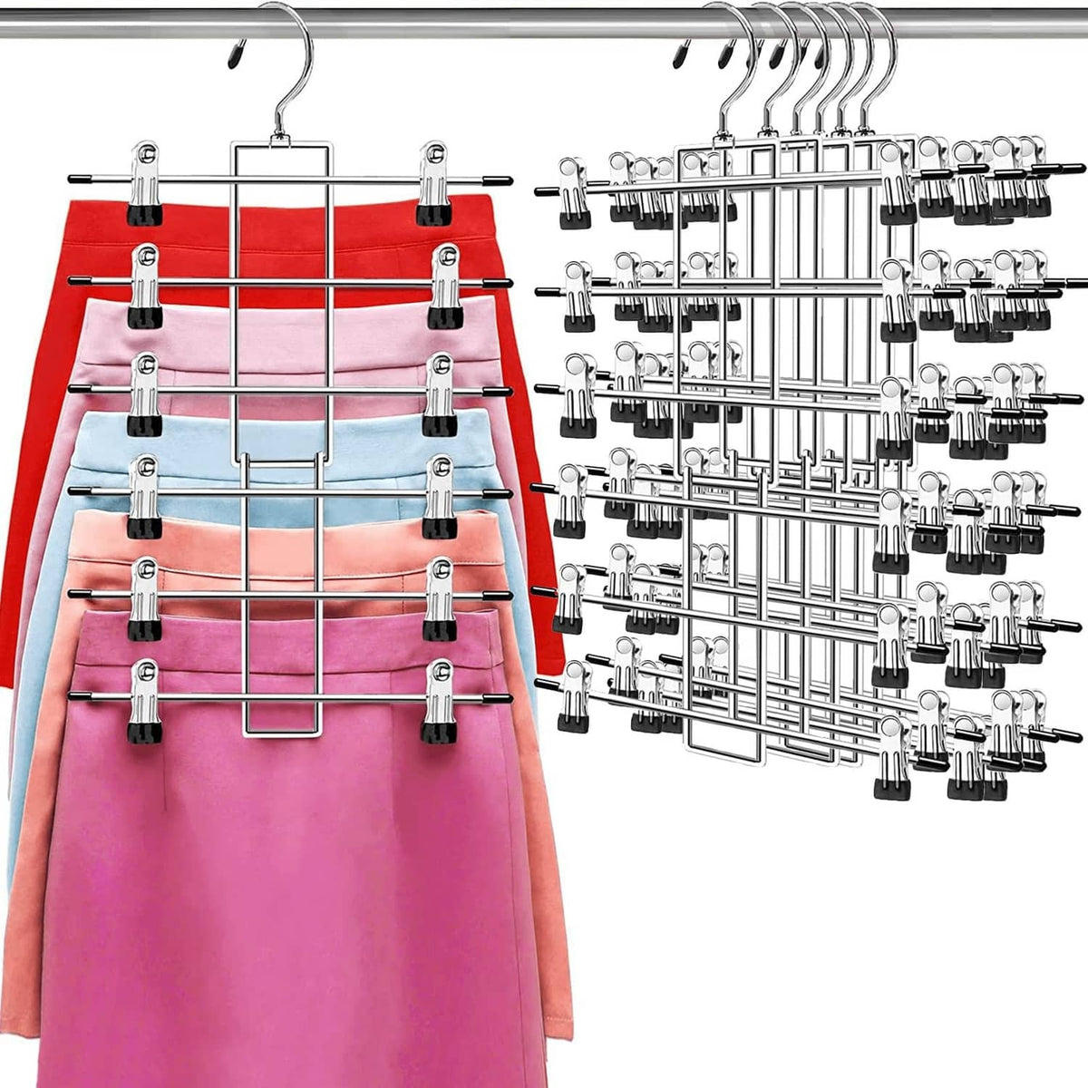 Silver clip pants hanger set holding folded skirts and pants on multiple bars
