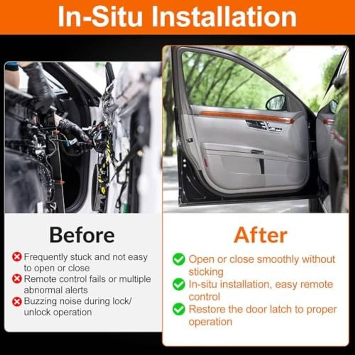 Door lock actuator shown in installed door latch area for smooth opening and closing