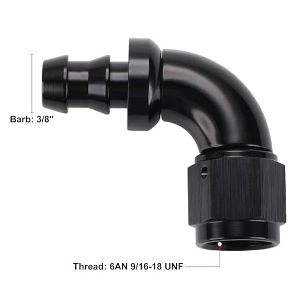 Black 90-degree push-lock hose elbow fitting with 3/8 in barb and 6AN thread