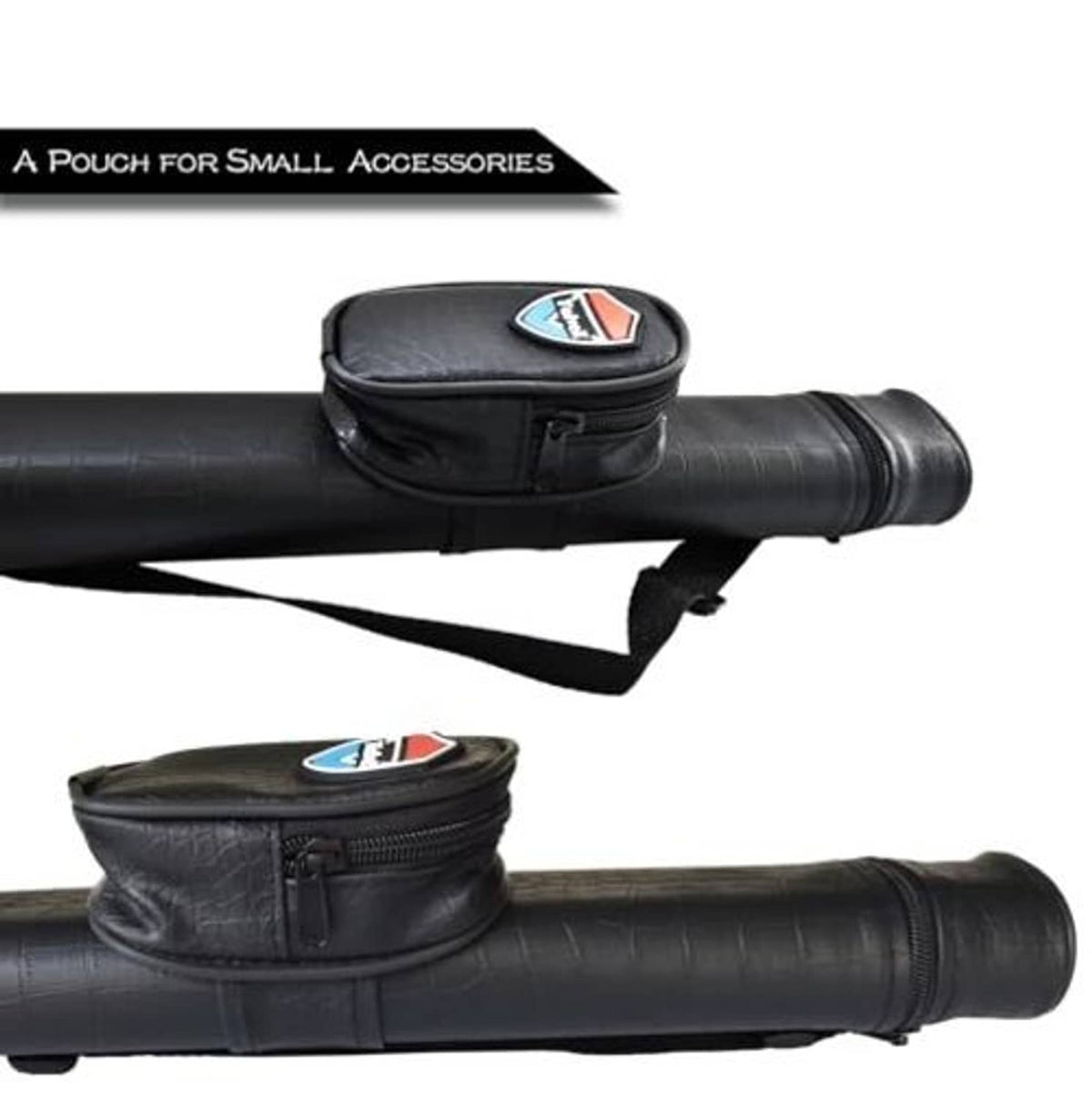 Black zippered accessory pouch attached to a pool cue case with strap