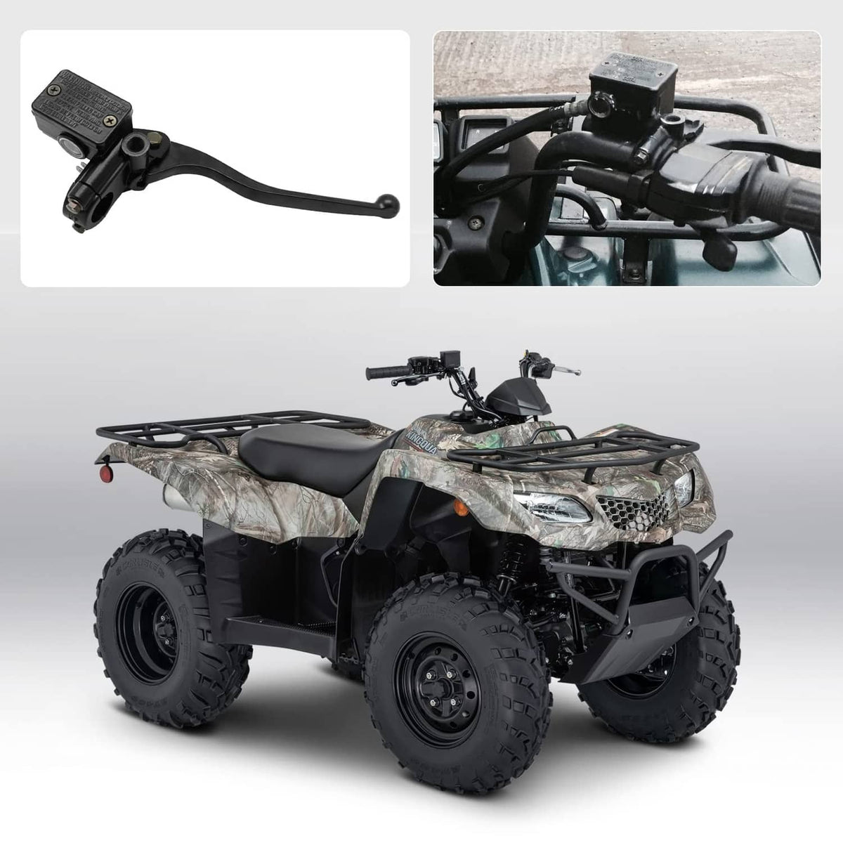 Front brake master cylinder on ATV handlebar, black lever with reservoir housing