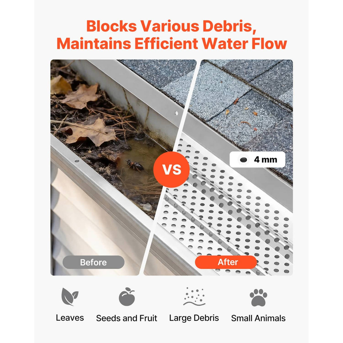 Perforated aluminum gutter cover strip with drainage holes, blocks debris