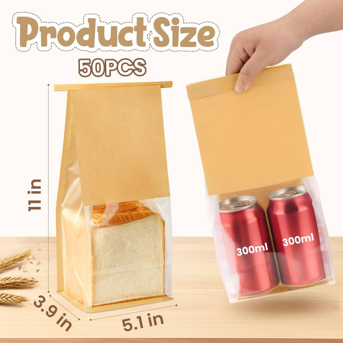 HONKID brown kraft food bags with clear front window and seal, 50-pack