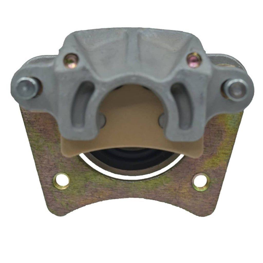 Rear brake master caliper bracket with circular bore, gray housing, and rusty mounting plate