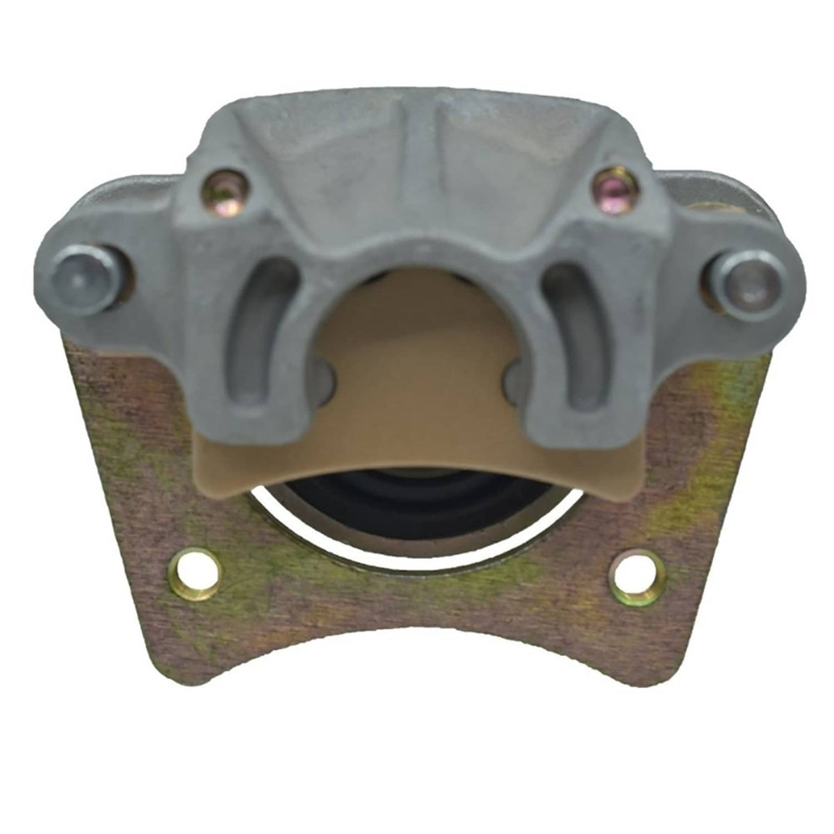 Rear brake master caliper bracket with circular bore, gray housing, and rusty mounting plate
