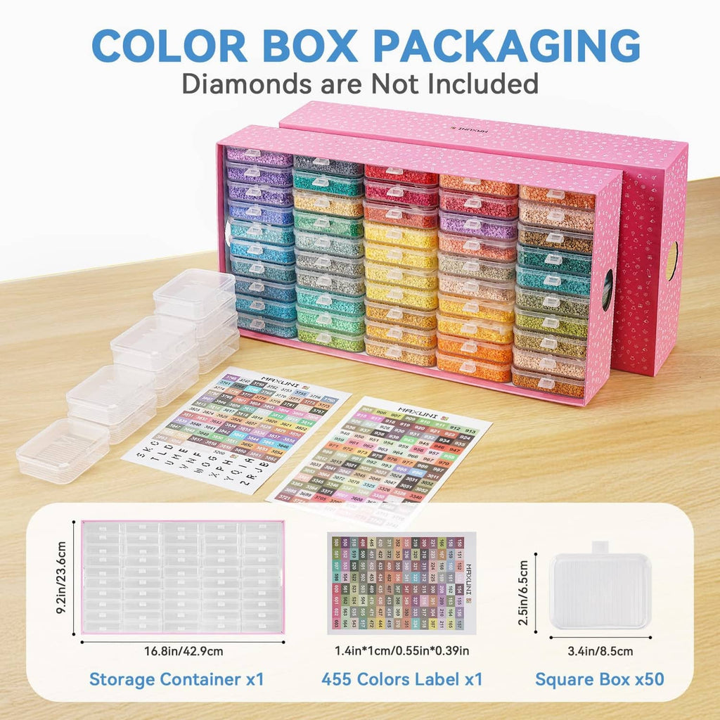 Diamond painting tray kit packaging with clear storage boxes and color labels, square tray case