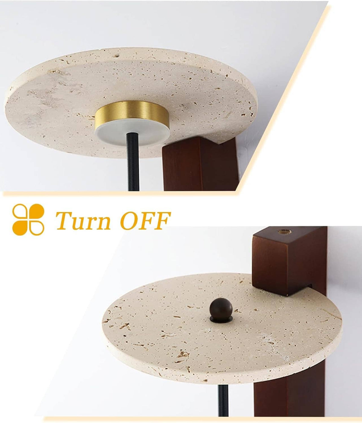 Round travertine ceiling canopy on a wood wall bracket with black arm and switch knob