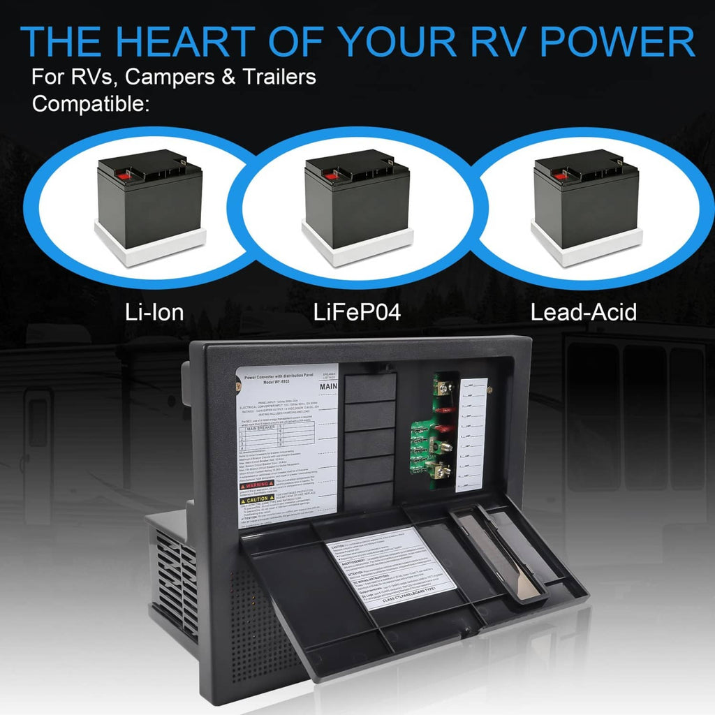 RV power converter battery charger with open bay and visible internal circuit board