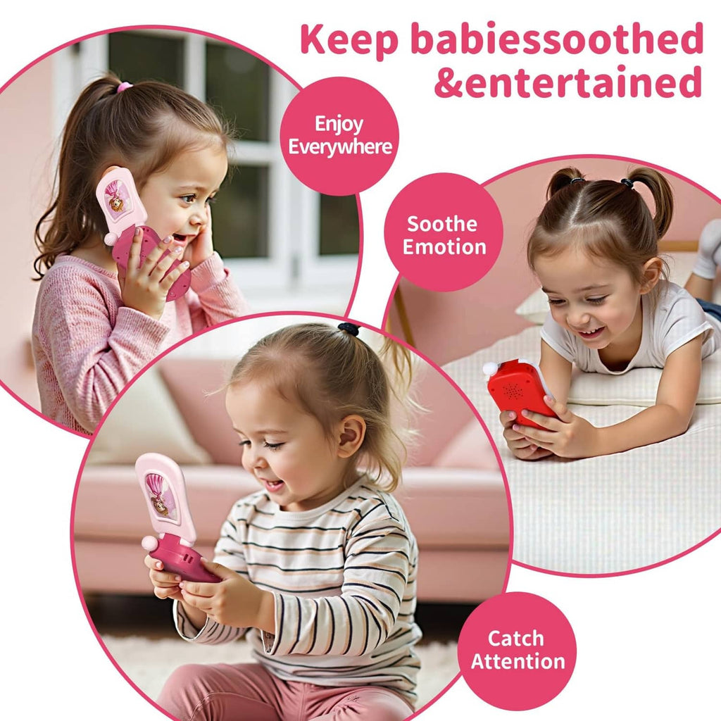 Toddler holding a pink toy cell phone during play