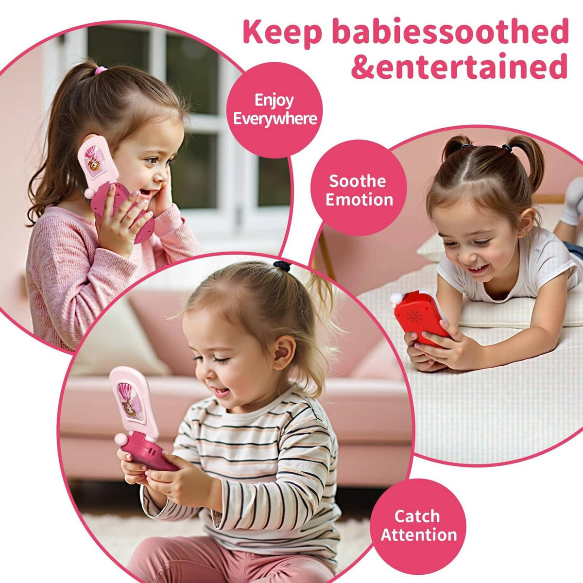 Toddler holding a pink toy cell phone during play