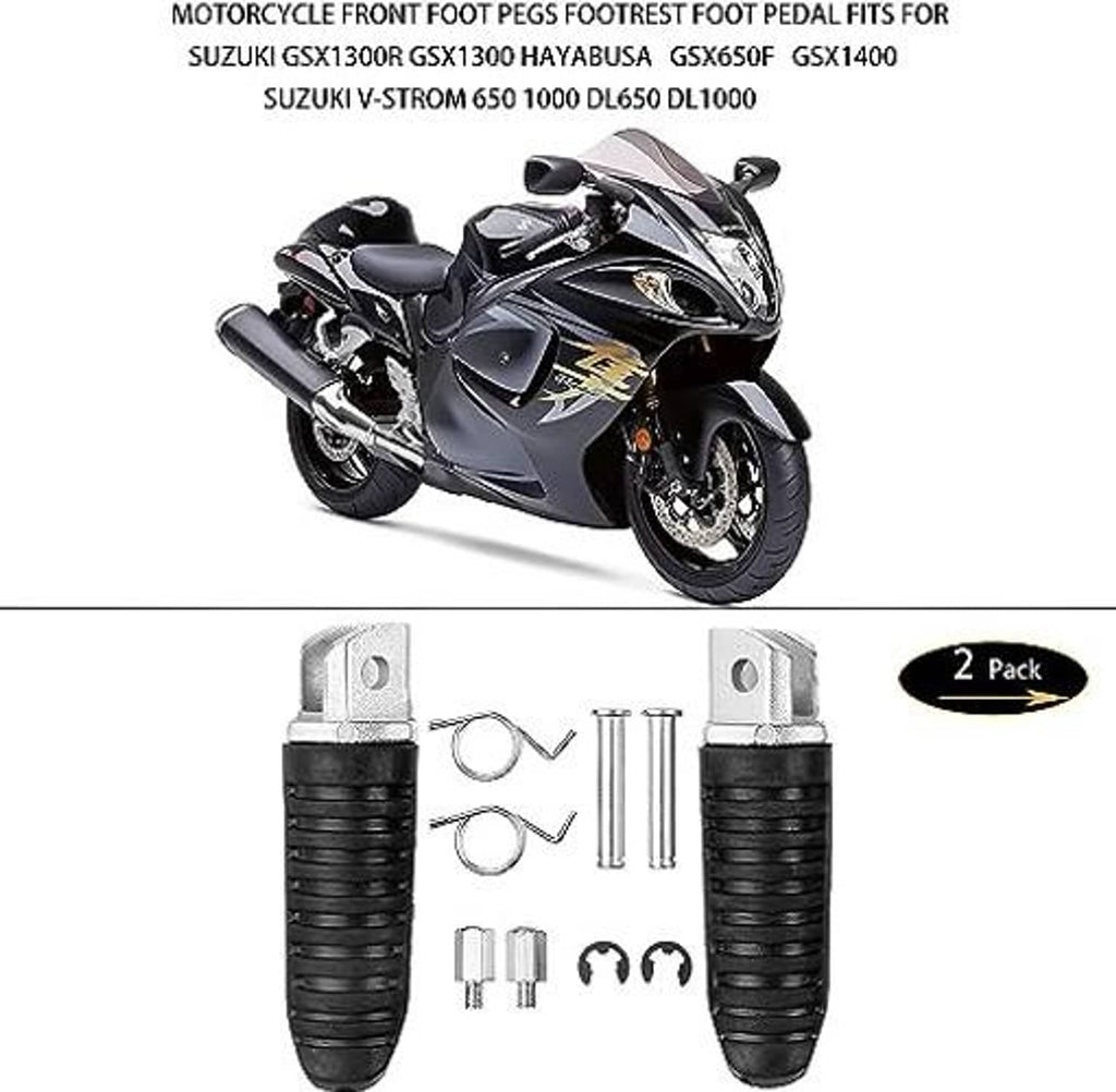 2-pack front motorcycle foot pegs with black rubber covers and silver brackets, with installation hardware.