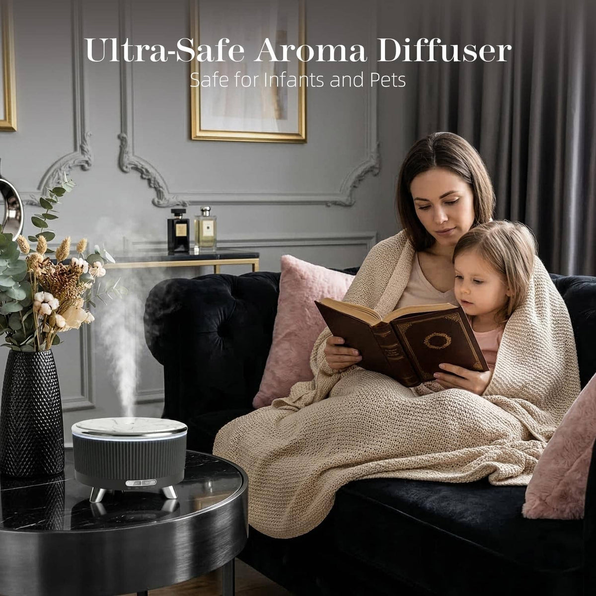 Black ultrasonic essential oil diffuser producing a soft mist plume with circular top