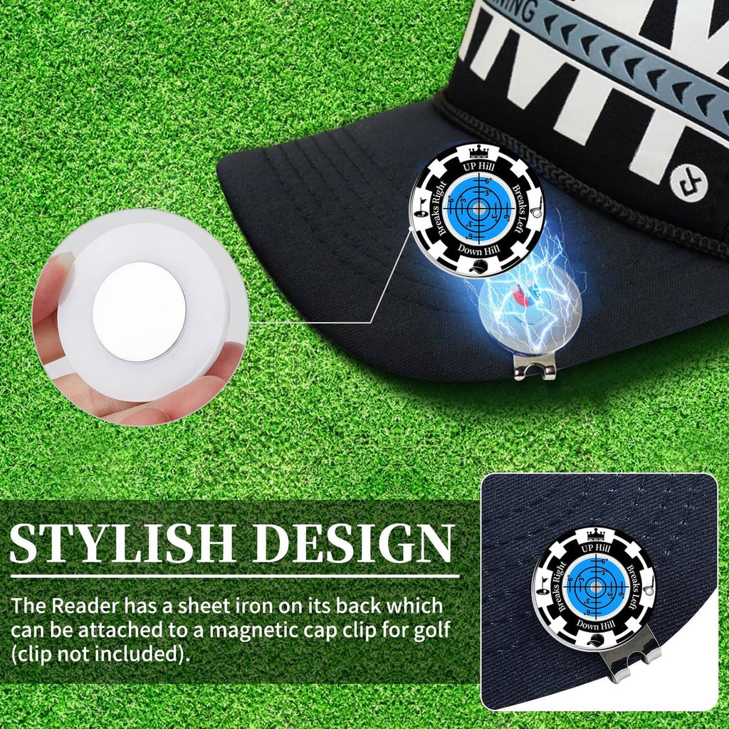 Magnetic golf ball marker reader on black cap, blue bubble level dial