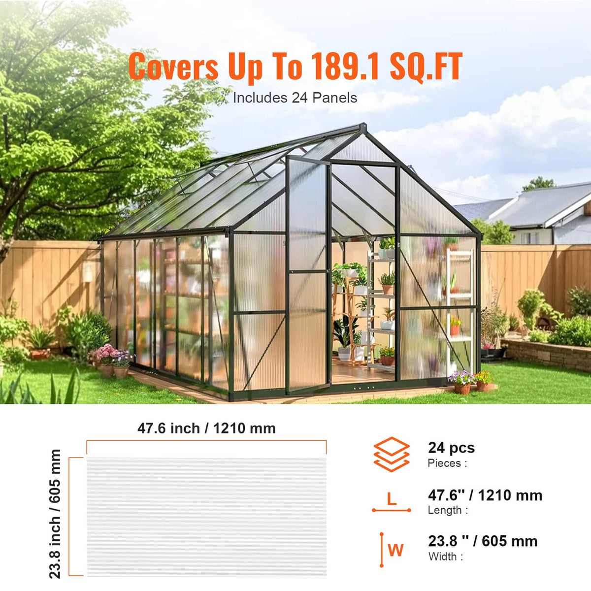 Greenhouse frame covered with clear polycarbonate panels, 24-piece panel set