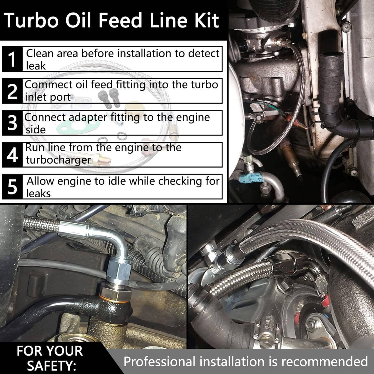 Turbo oil feed line kit installed on engine turbo area with braided hose and fittings