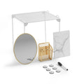 Locker organizer kit with hanging frame, round mirror, mesh basket, marble board, and magnets