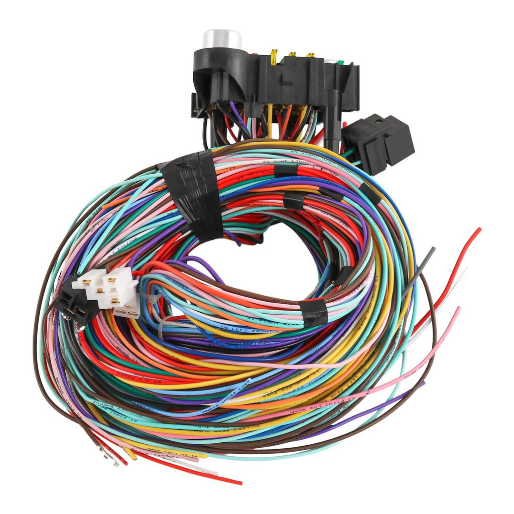 21-circuit wiring harness kit with multi-color wiring loom and black electrical plugs