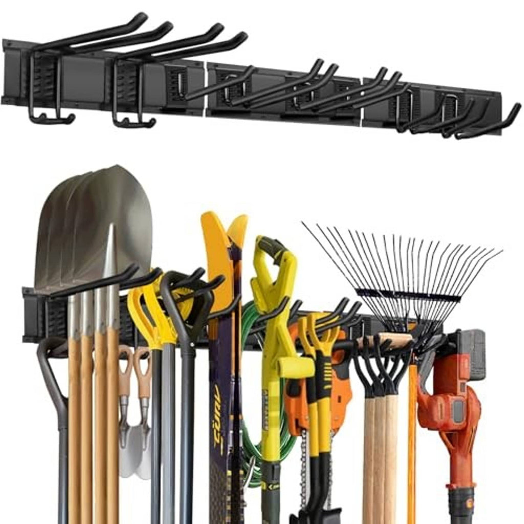Black 3-panel tool rack with curved hooks holding garden tools and shovels