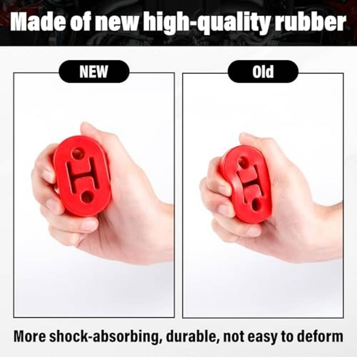 Red rubber exhaust hanger held in hand, showing mounting openings and embossed logo