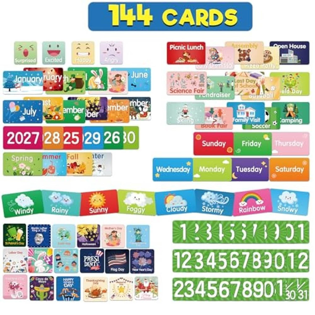 Set of 144 colorful calendar cards with numbers, seasons, weather, and special day graphics