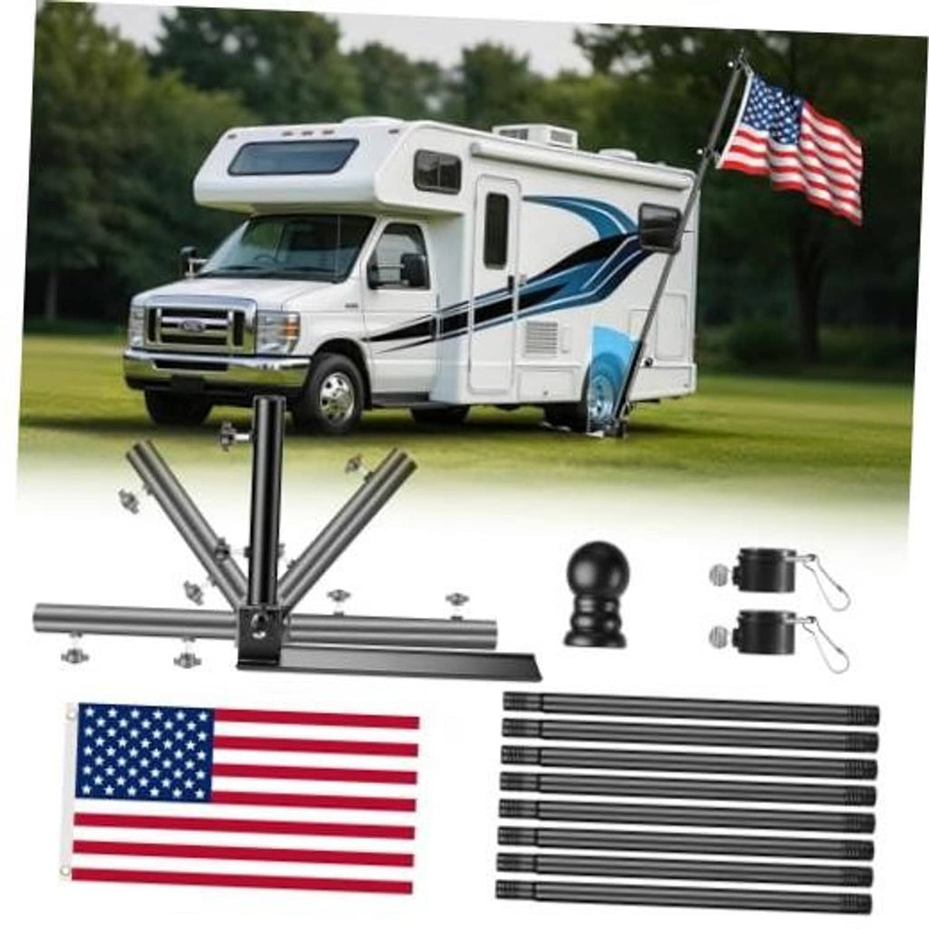 Portable flag pole base kit with black spreader stand and silver mounting hardware