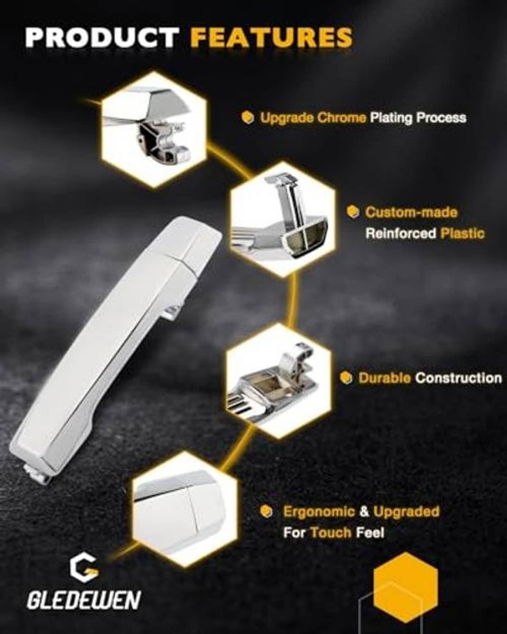 Chrome exterior door handle with reinforced plastic housing and open mounting end