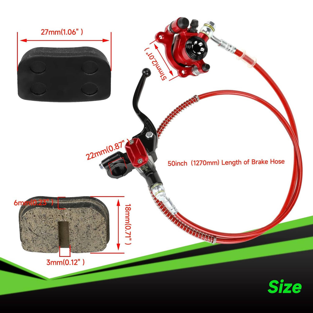 Hydraulic brake pad set and red caliper kit with measured hose length and pad sizes
