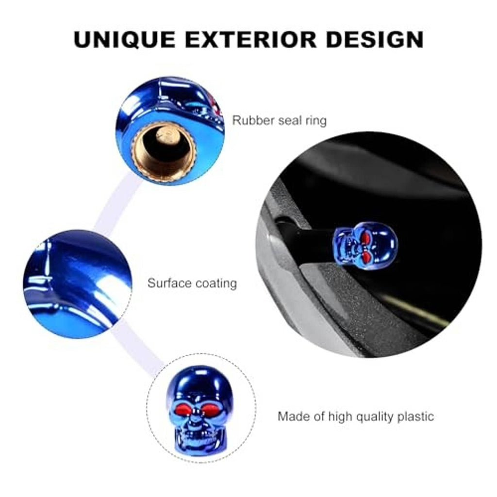 Blue skull tire valve cap with rubber seal ring, glossy surface coating