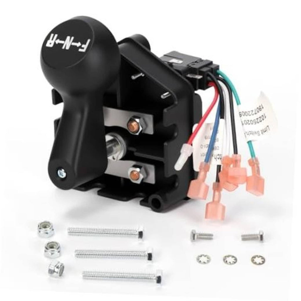 Black F-N-R golf cart forward/reverse switch assembly with wiring harness and mounting screws