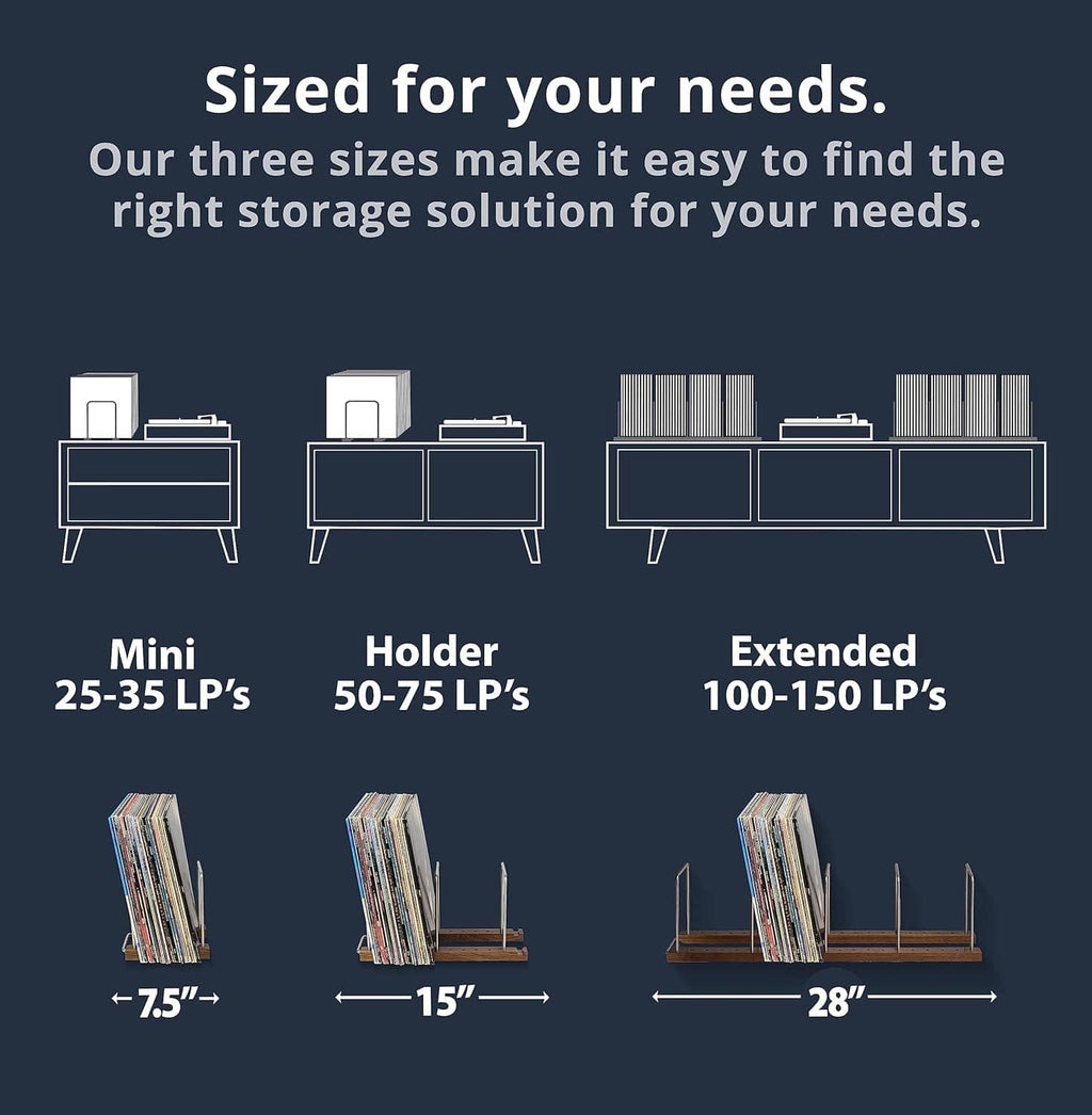 Walnut record stand size chart showing mini, holder, and extended LP capacity options