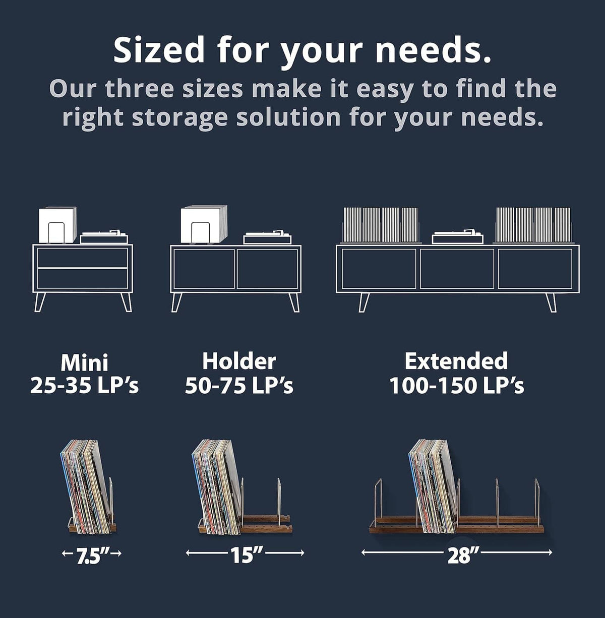 Walnut record stand size chart showing mini, holder, and extended LP capacity options