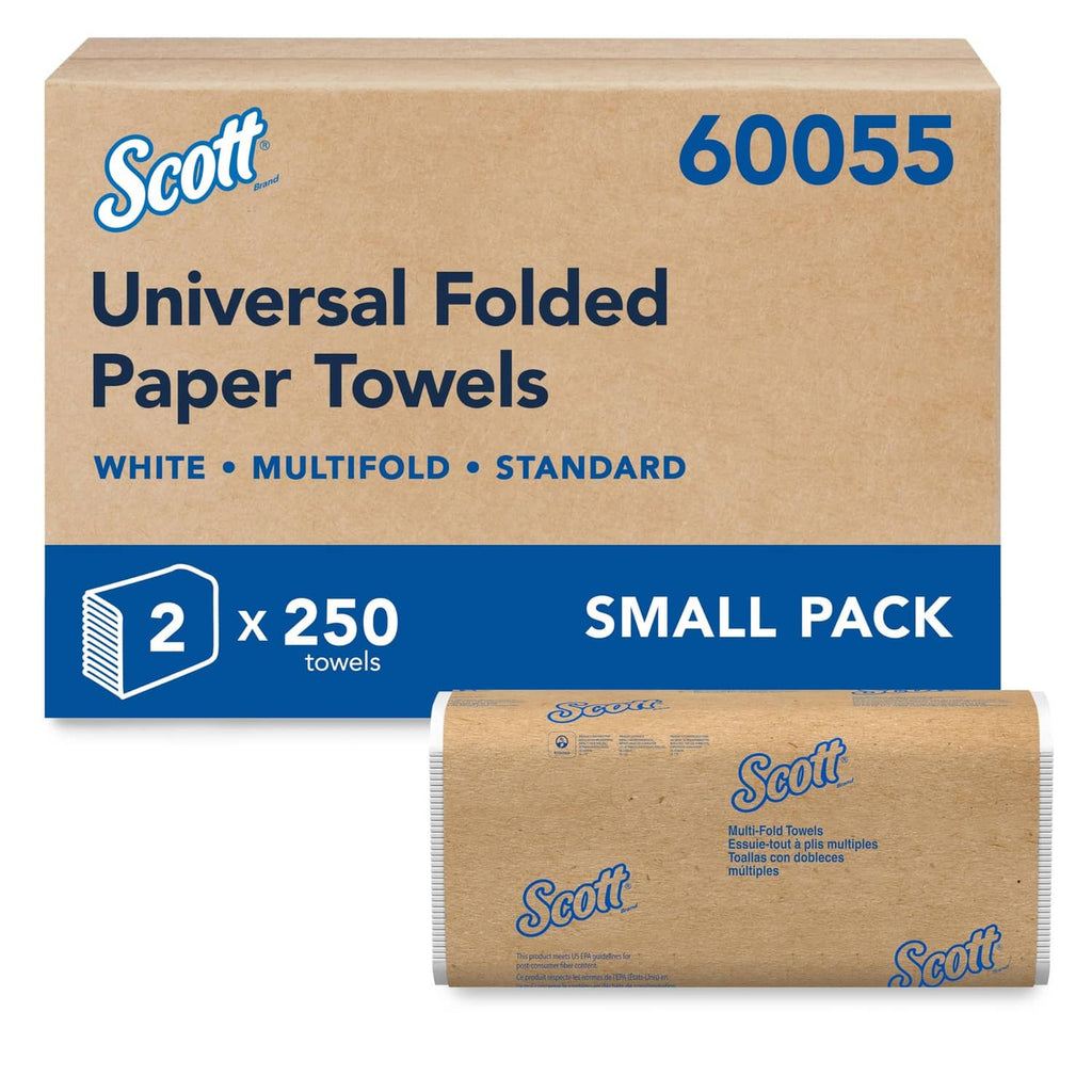 Universal folded paper towels 2-pack with kraft cartons and visible Scott logo