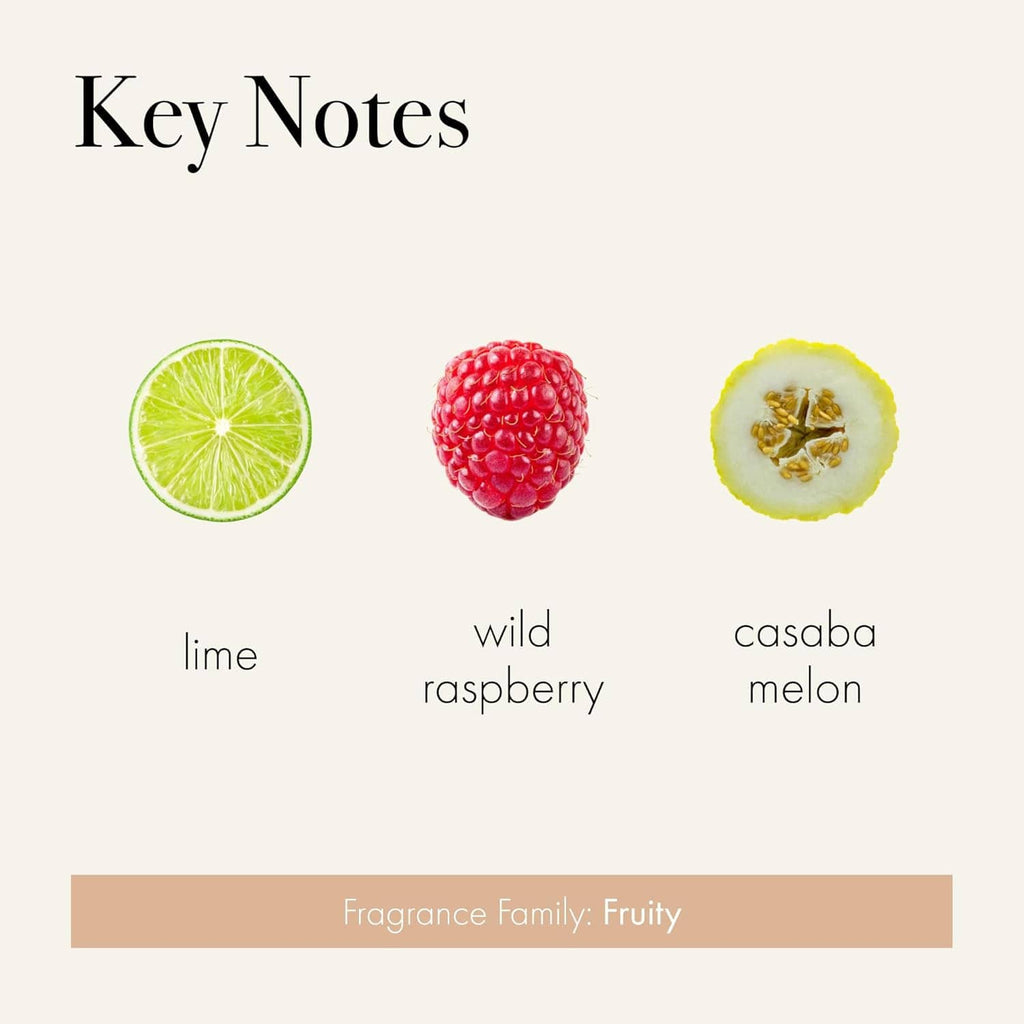 Candle key notes graphic: lime, wild raspberry, casaba melon, fruity fragrance family bar.