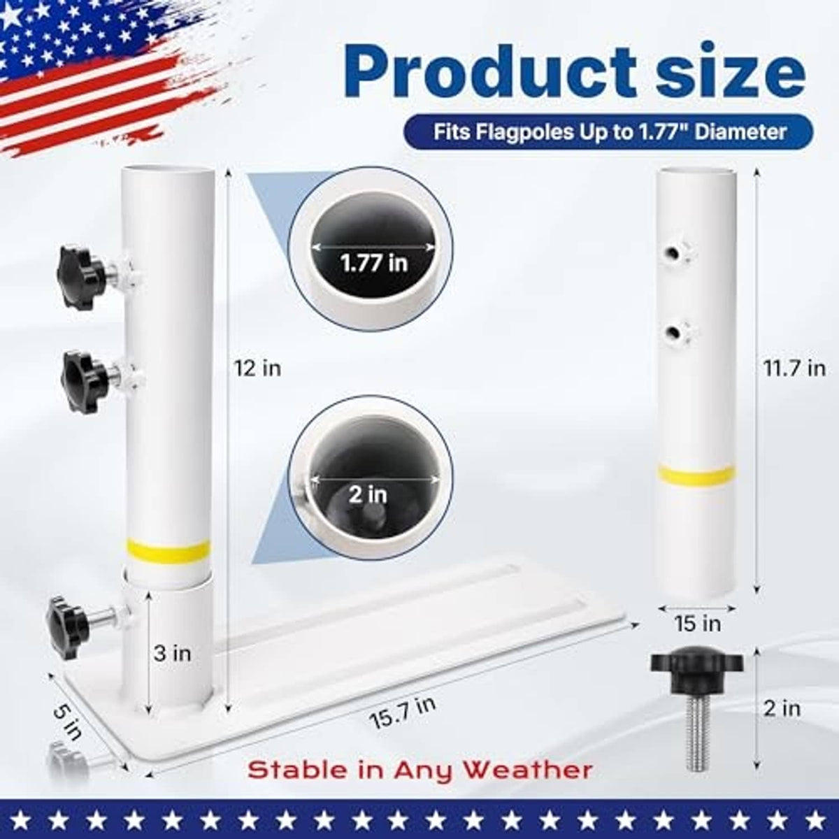 White flag pole tire mount base with sizing view showing pole fit and dimensions