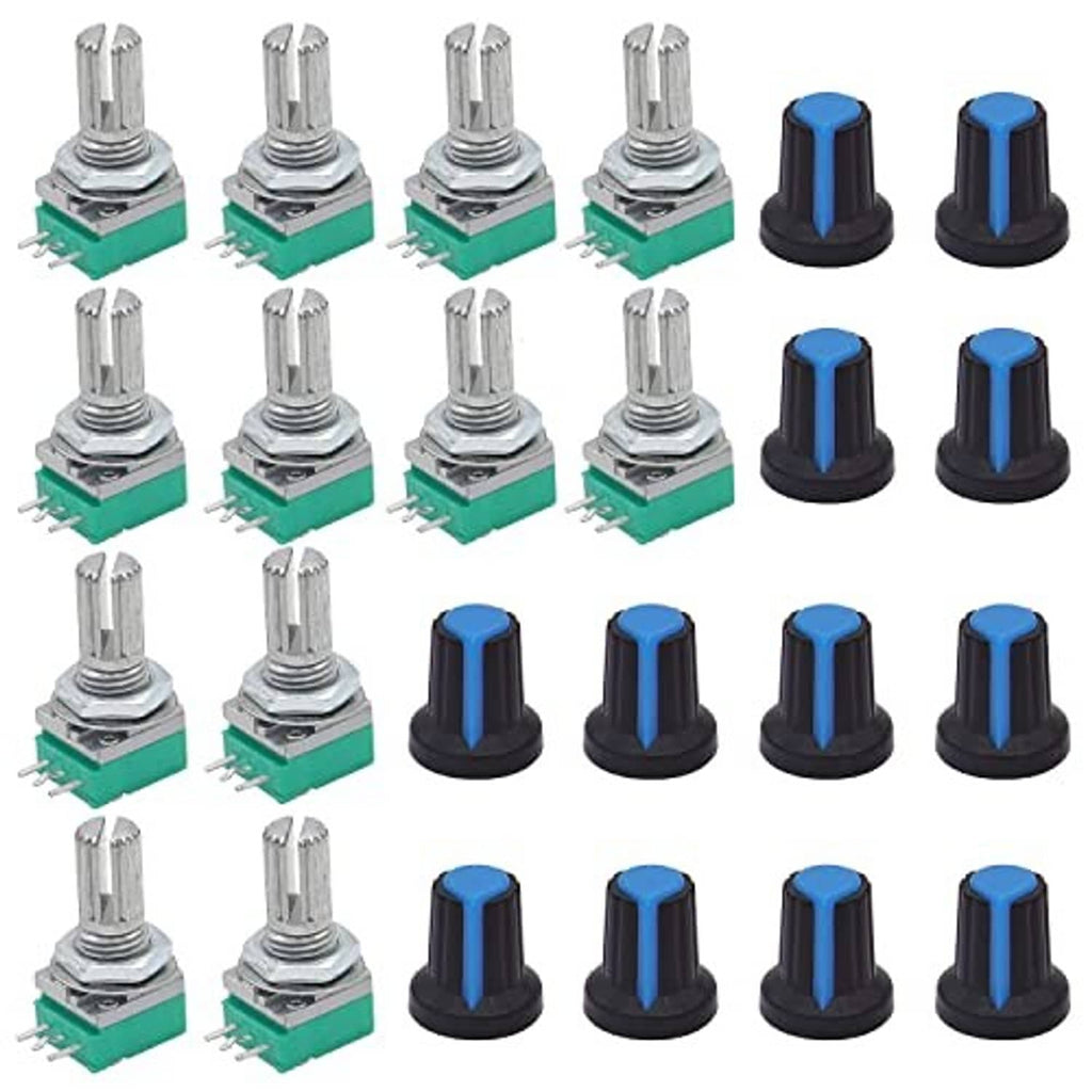 Rotary potentiometers with silver pin terminals and green circuit bases, blue and black caps.