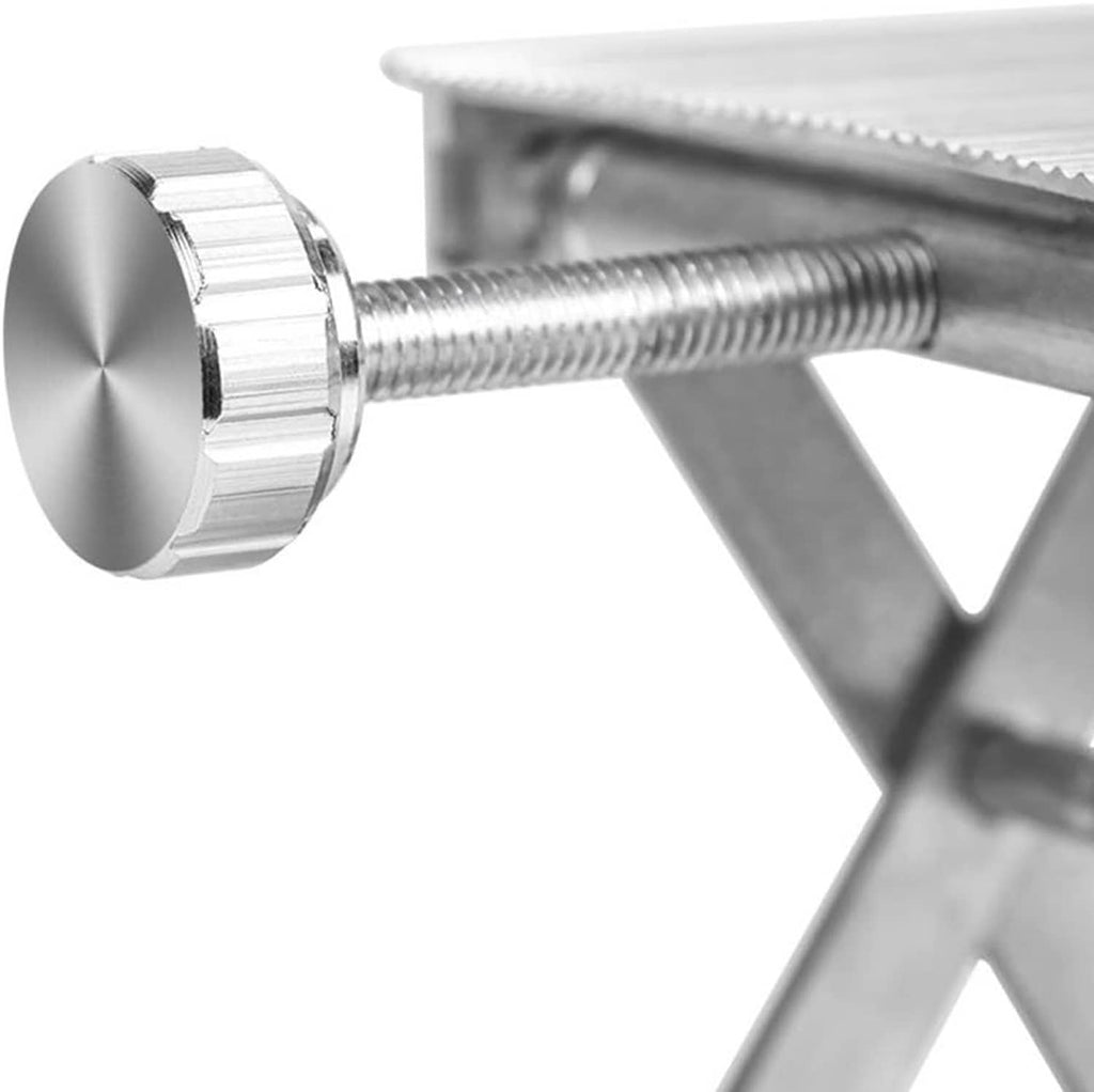 Laboratory lifting platform jack screw with circular hand knob on silver frame