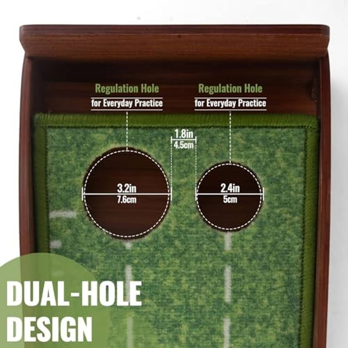 Wooden putting board insert with dual practice holes on green turf