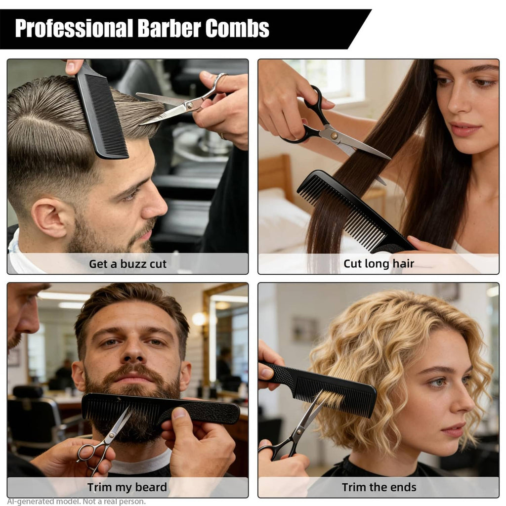 Black barber hair comb with dense fine teeth and textured non-slip handle