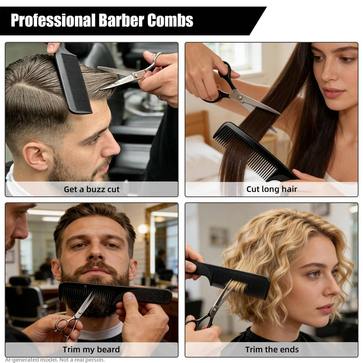 Black barber hair comb with dense fine teeth and textured non-slip handle