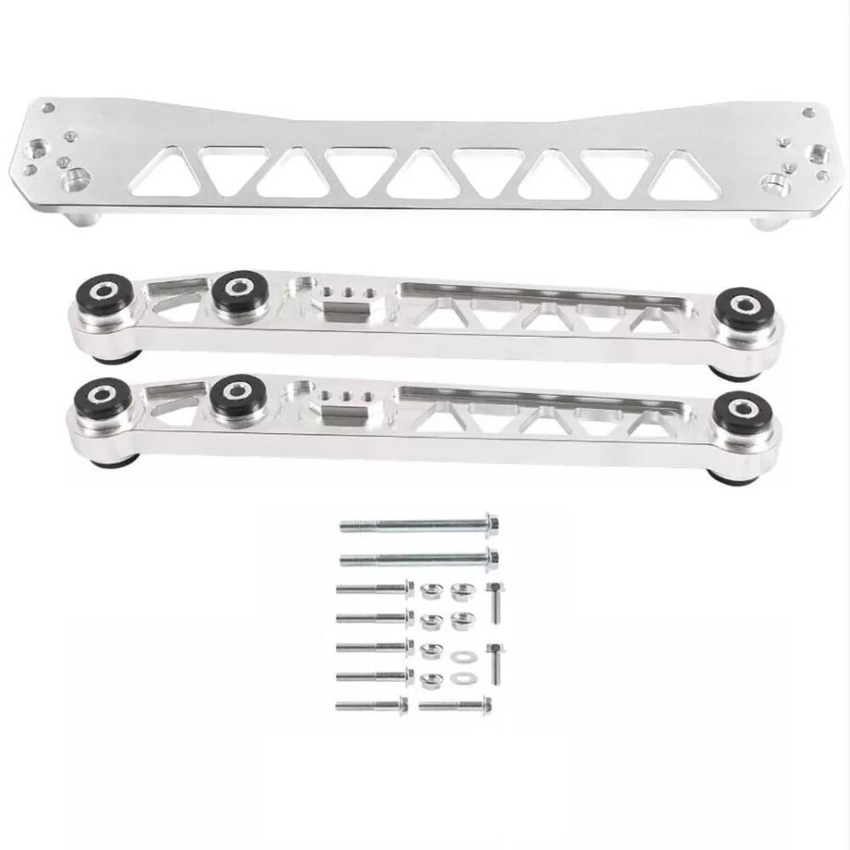 Two rear brace tie bars with black bushings and included bolts, silver metal