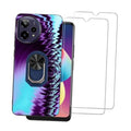 Phone case with purple and blue zigzag pattern and circular ring kickstand; includes screen protector