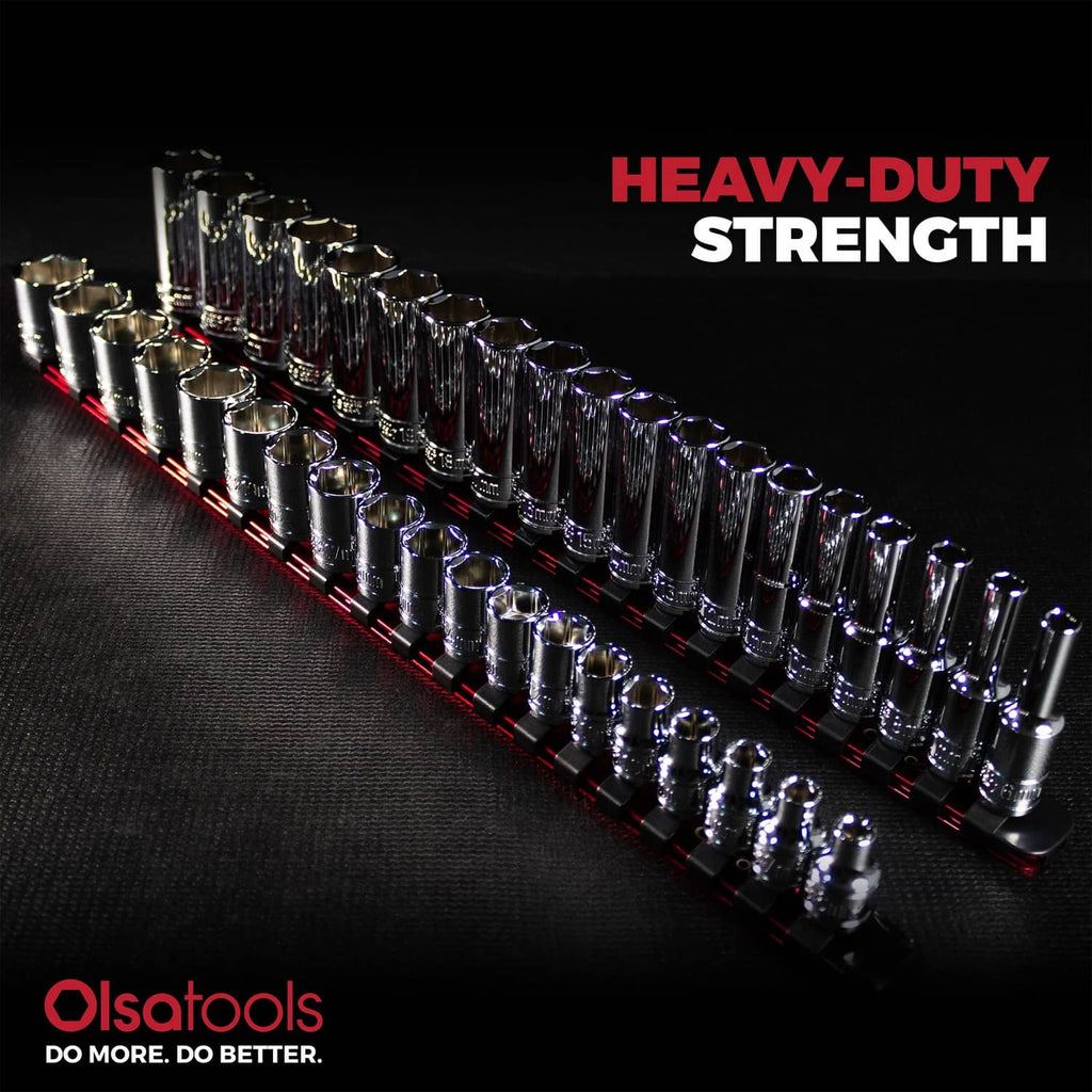Chrome deep sockets arranged in a row on a socket rail