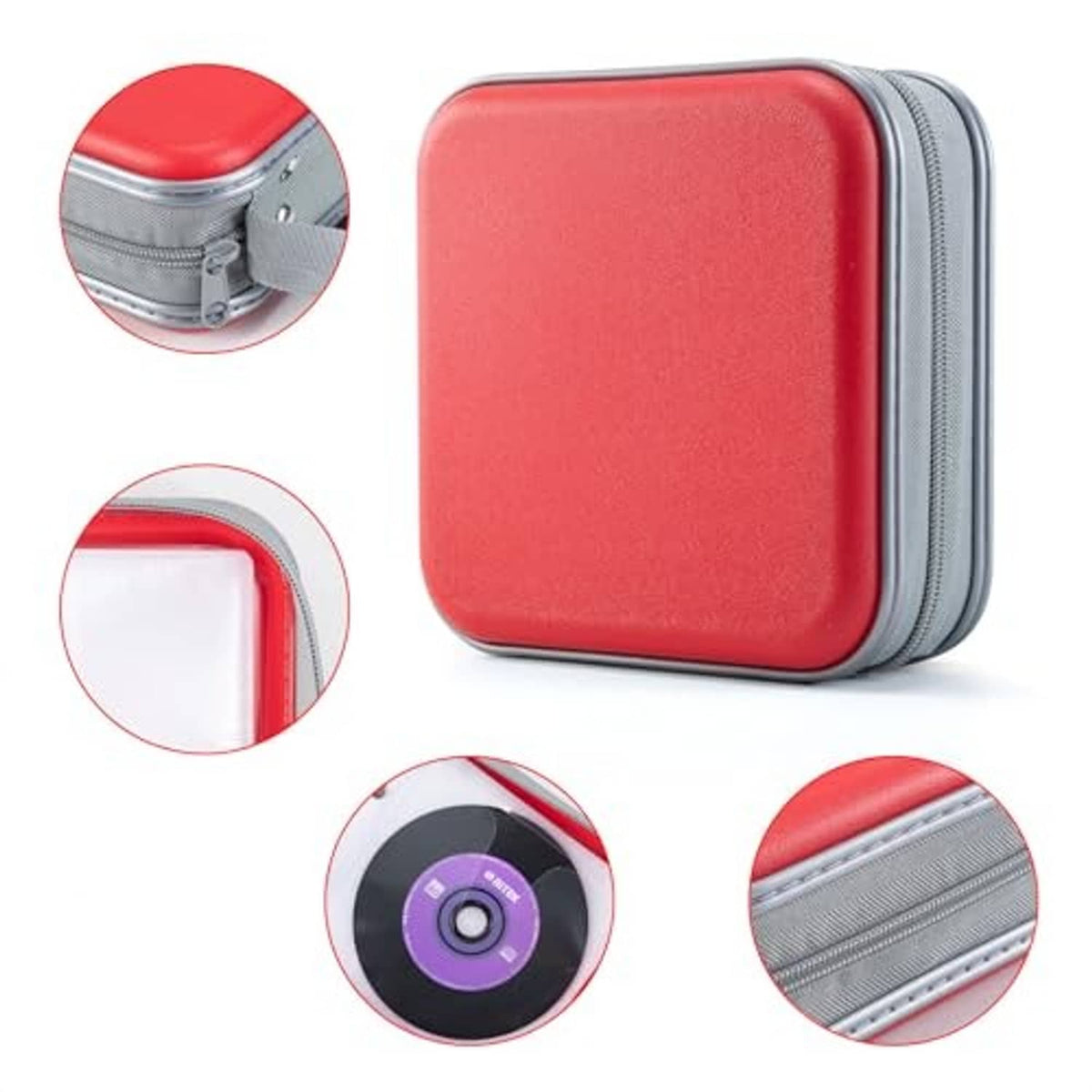 Red hard DVD case with gray textured sides, zipper trim, and protective lining