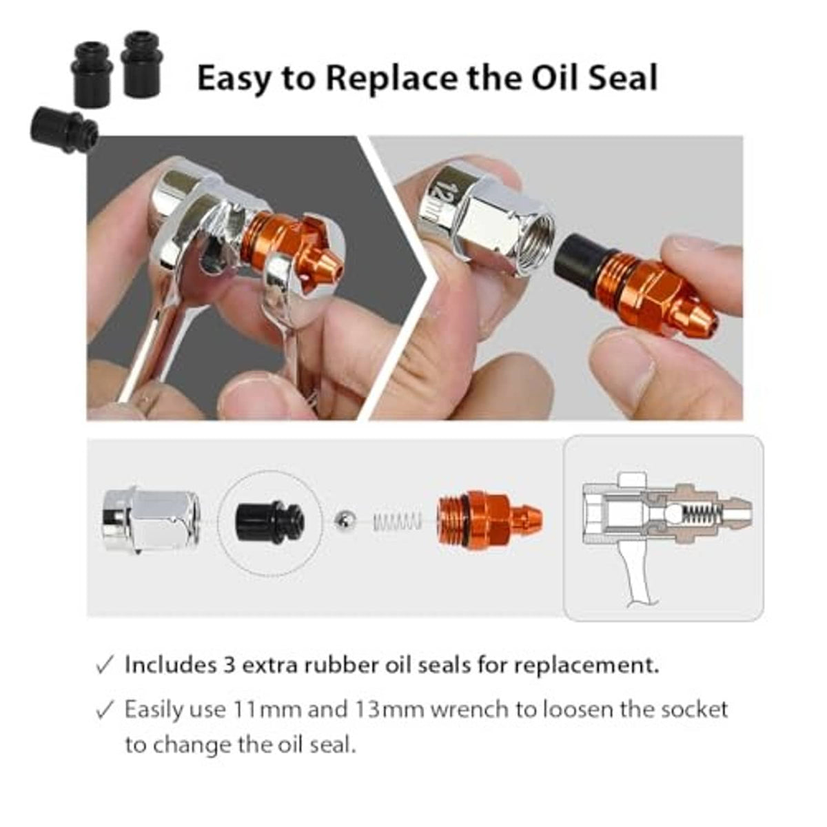 FIRSTINFO brake bleeder tool close-up for oil seal replacement with orange connector